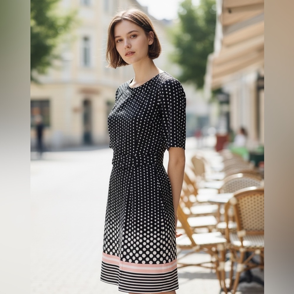 Ile navy polka dot dress with belt. Size 8